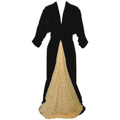 1940s Henri Bendel Black Velvet Evening Gown with Dolman Sleeves + Lace Insert 