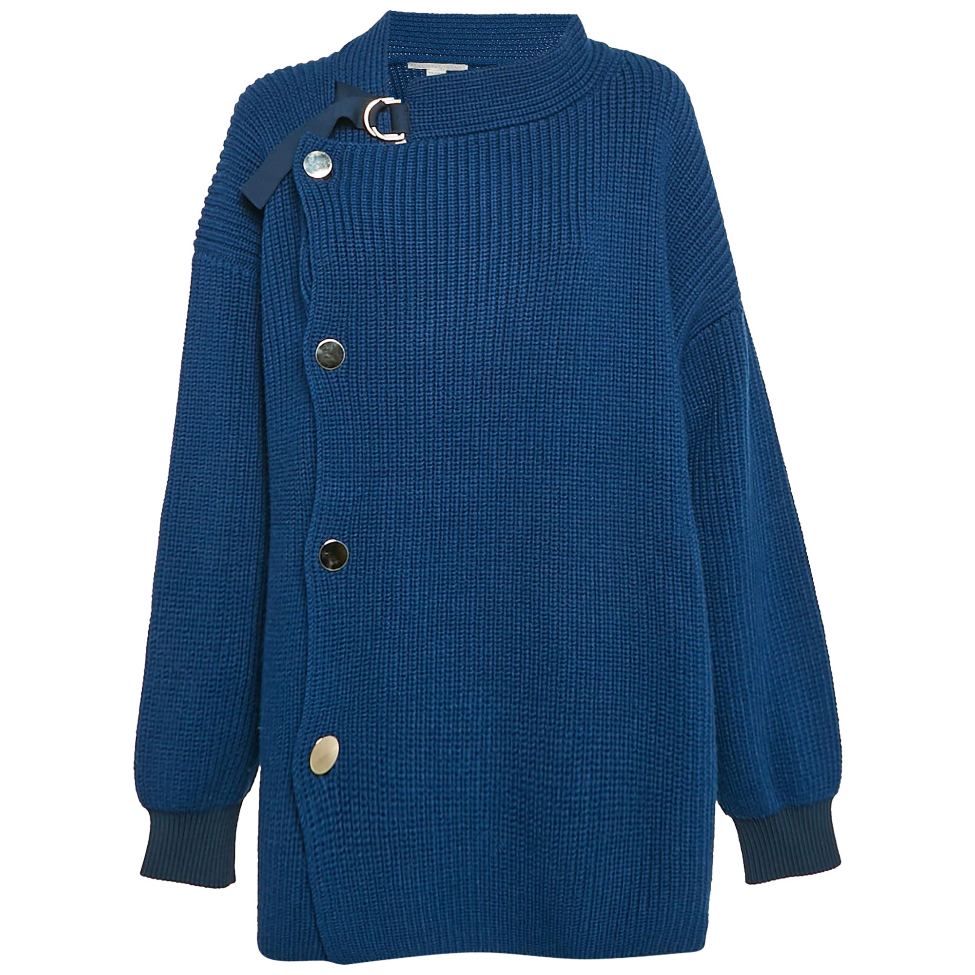 Stella McCartney Blue Rib Knit Asymmetrical Button Oversized Sweater M