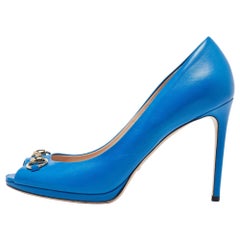 Gucci Blue Leather New Hollywood Peep Toe Pumps Size 40.5