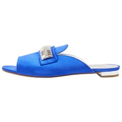 Aquazzura Blue Satin Crystal Embellished Flat Slides Size 38