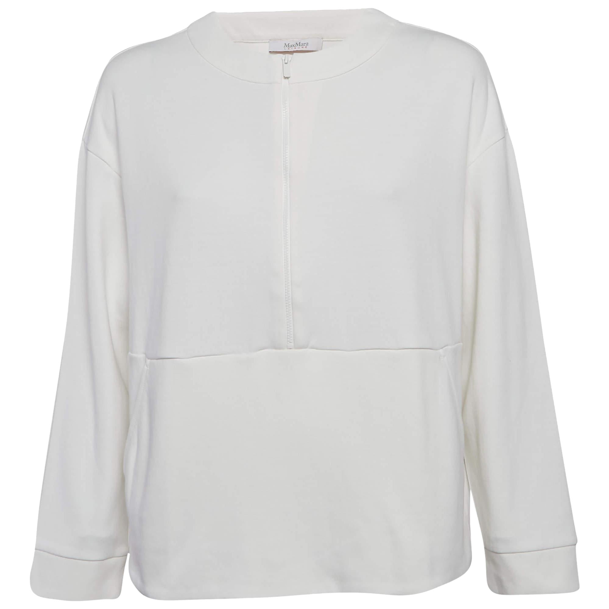 Max Mara Sweat-shirt col ras du cou en coton blanc avec fermeture éclair M