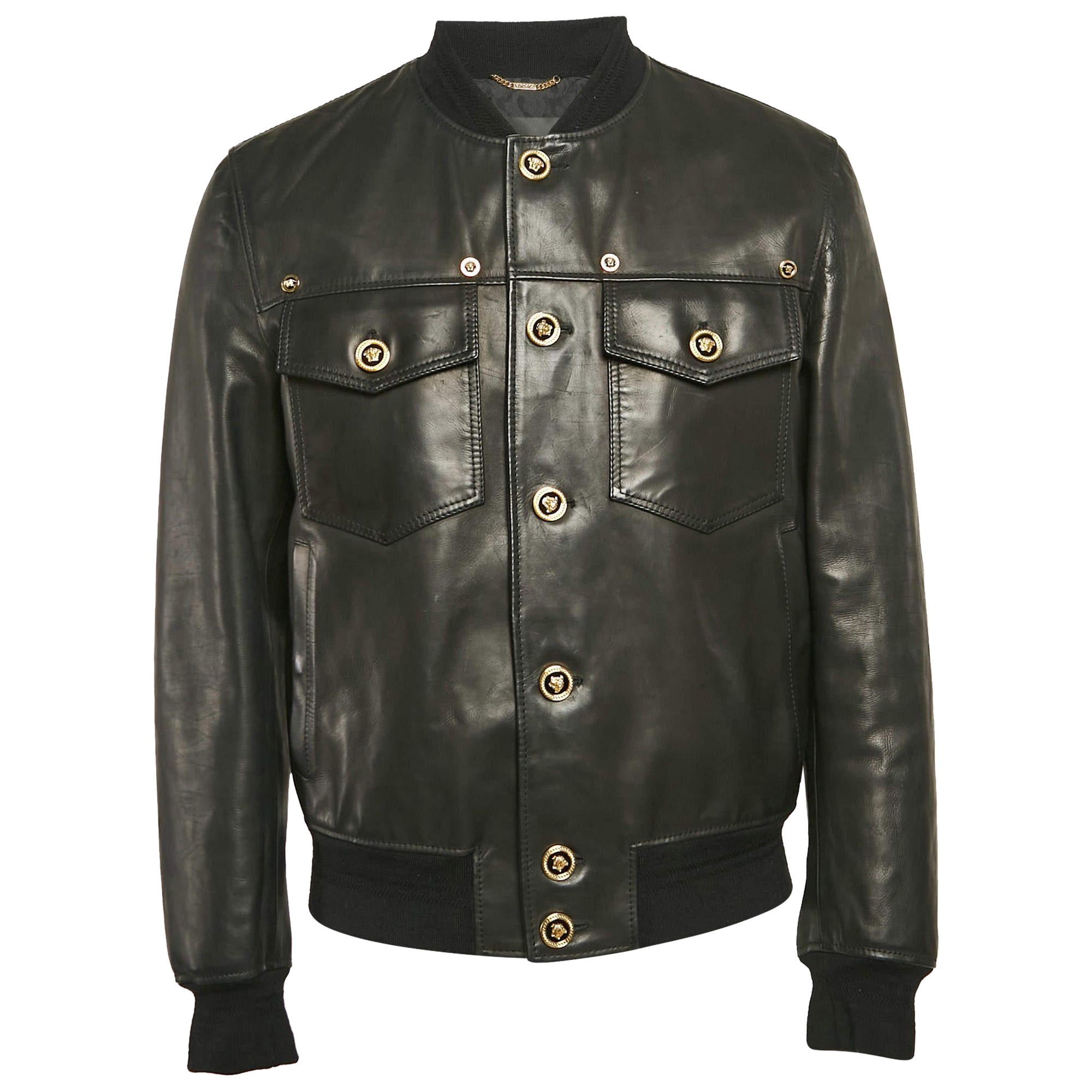 Chaqueta bomber de piel negra con botones Versace M