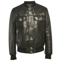 Versace Black Leather Button Detail Bomber Jacket M