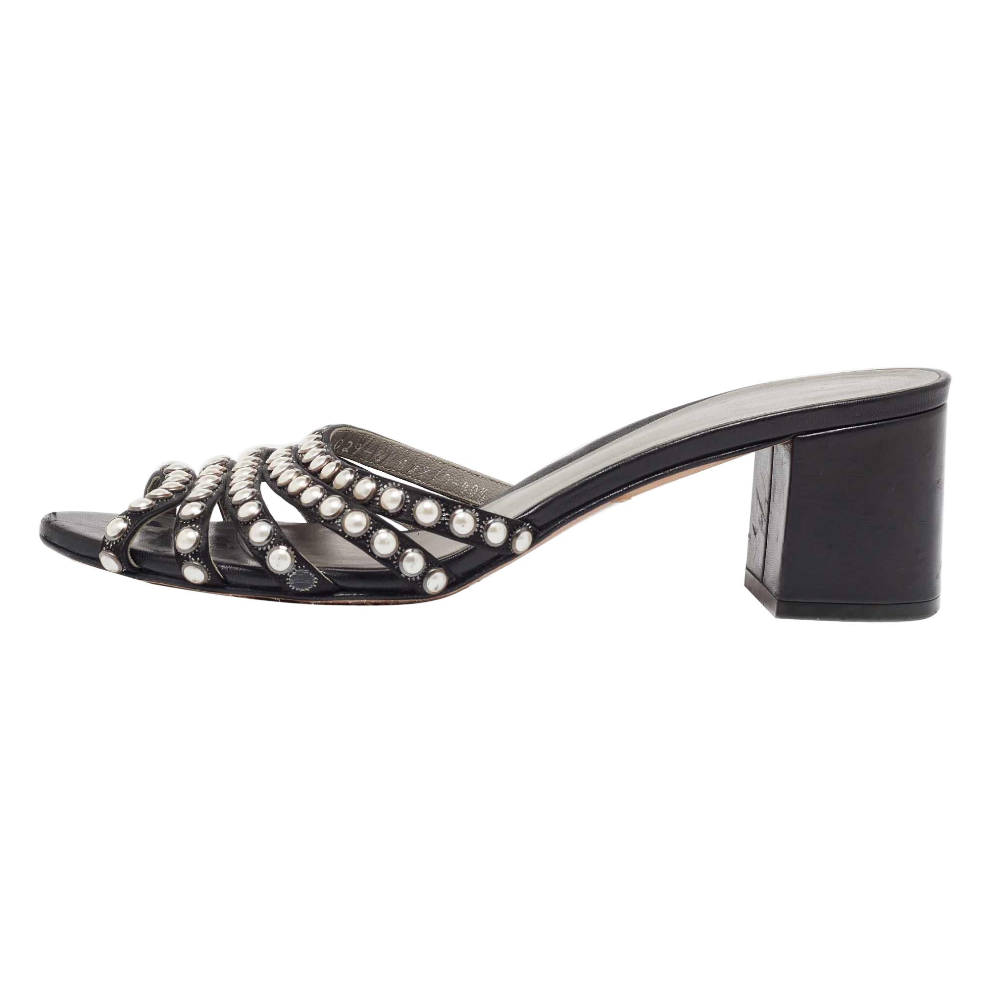 Sergio Rossi Black Satin Pearl Studded Slide Sandals Size 40.5 For Sale