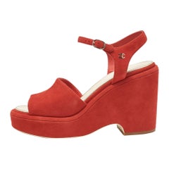 Chanel Red Suede CC Wedge Sandals Size 41