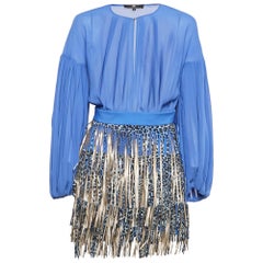 Elisabetta Franchi Blaues Minikleid aus Krepp mit abnehmbaren Fransen und Rock M