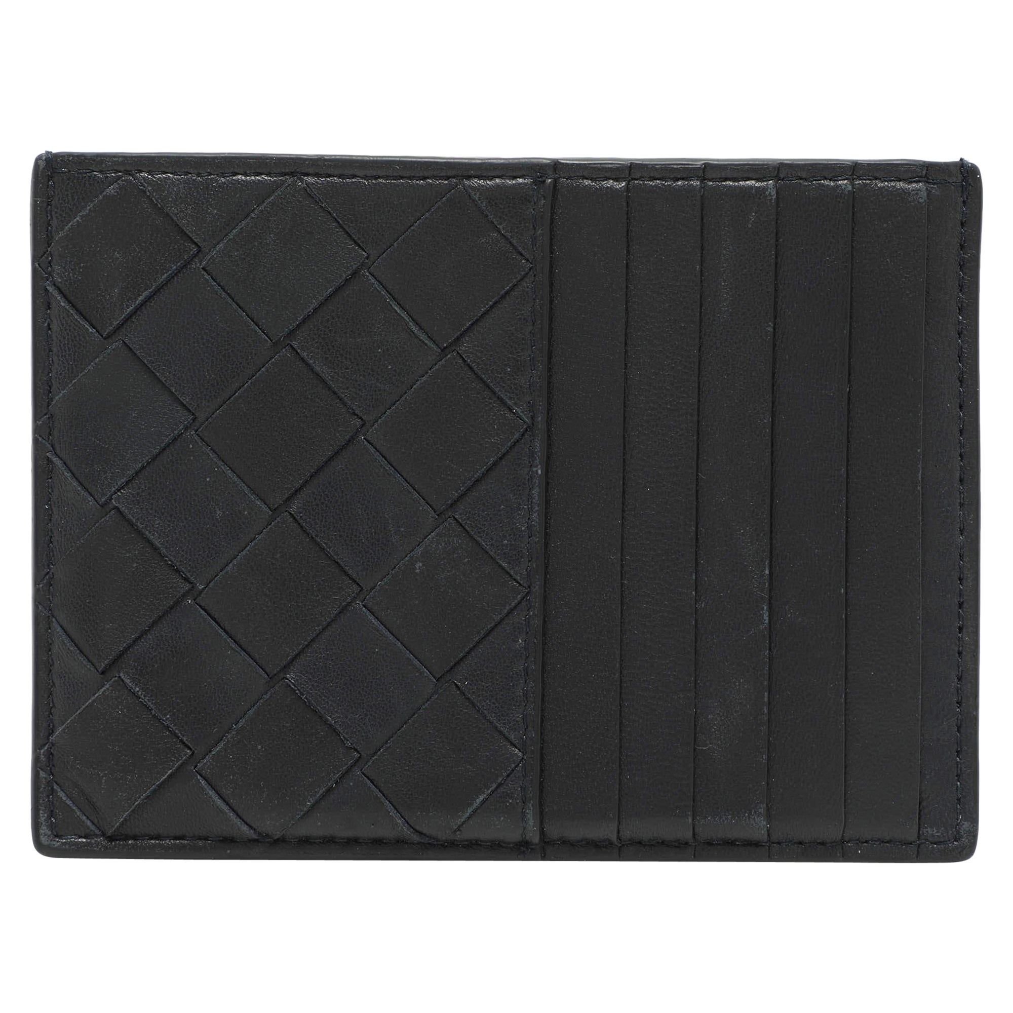 Bottega Veneta Navy Blue Leather Intrecciato Card Holder For Sale