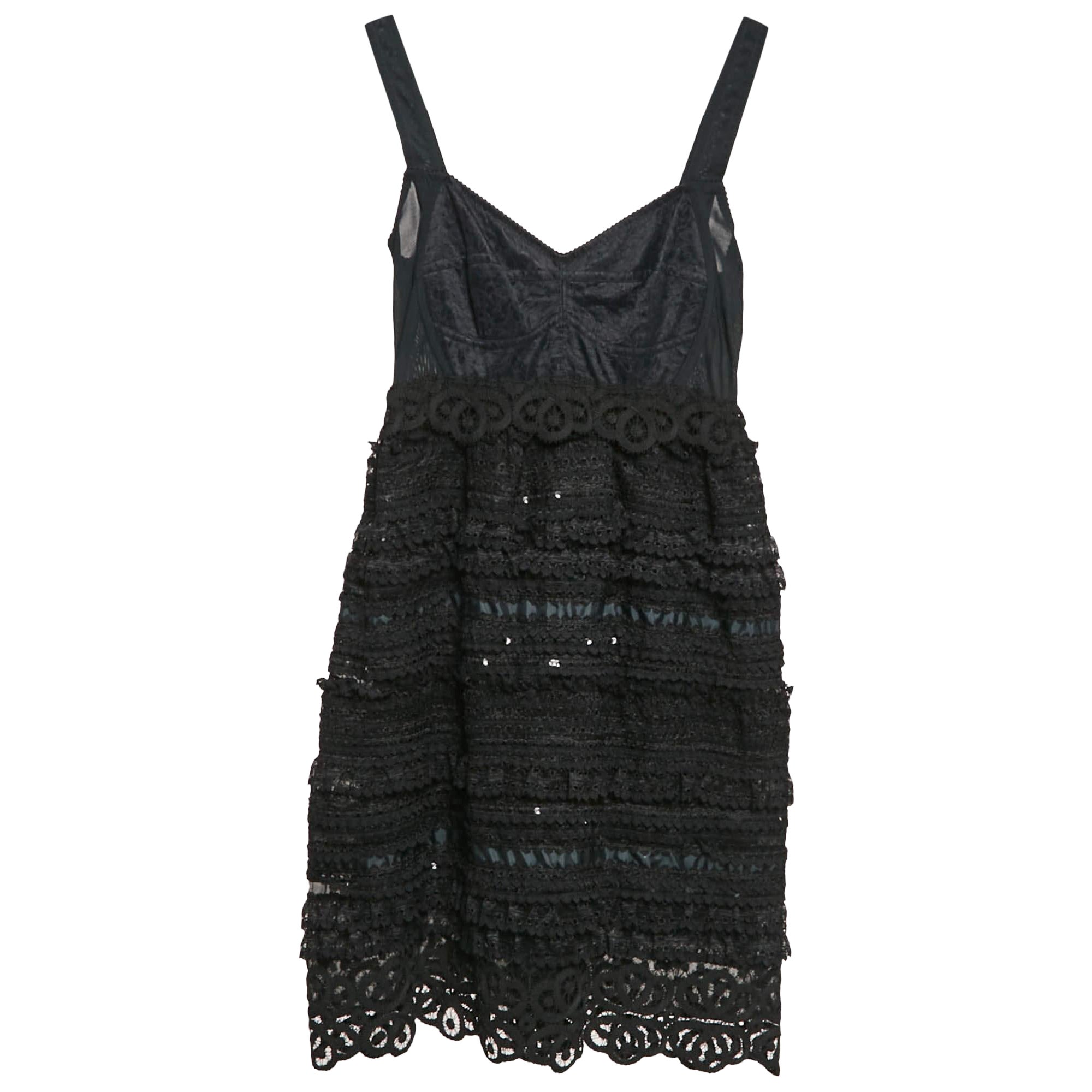 Dolce & Gabbana Black Jersey and Crepe Ruffled Mini Dress S For Sale