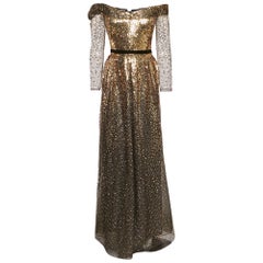 Marchesa Notte - Robe à épaules dénudées en tulle ornée de sequins noirs et dorés L