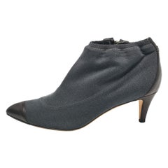 Chanel Grey/Black Fabric and Leather Booties Size 37