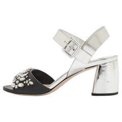 Miu Miu Silver/Black Leather Crystal Embellished Ankle Strap Sandals Size 35.5