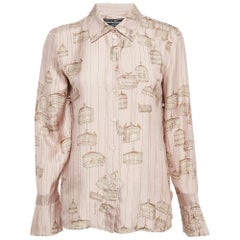 Salvatore Ferragamo - Chemise à volants en soie rose imprimée cage d'oiseaux M