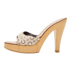 Celine Beige/Brown Logo Print Canvas Platform Slide Sandals Size 37