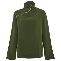 Celine Green Silk Zip Detail High Neck Top M