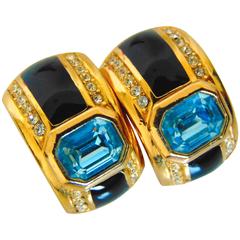 Christian Dior Art Deco Earrings with Faux Sapphire Topaz Crystals 1980s 1