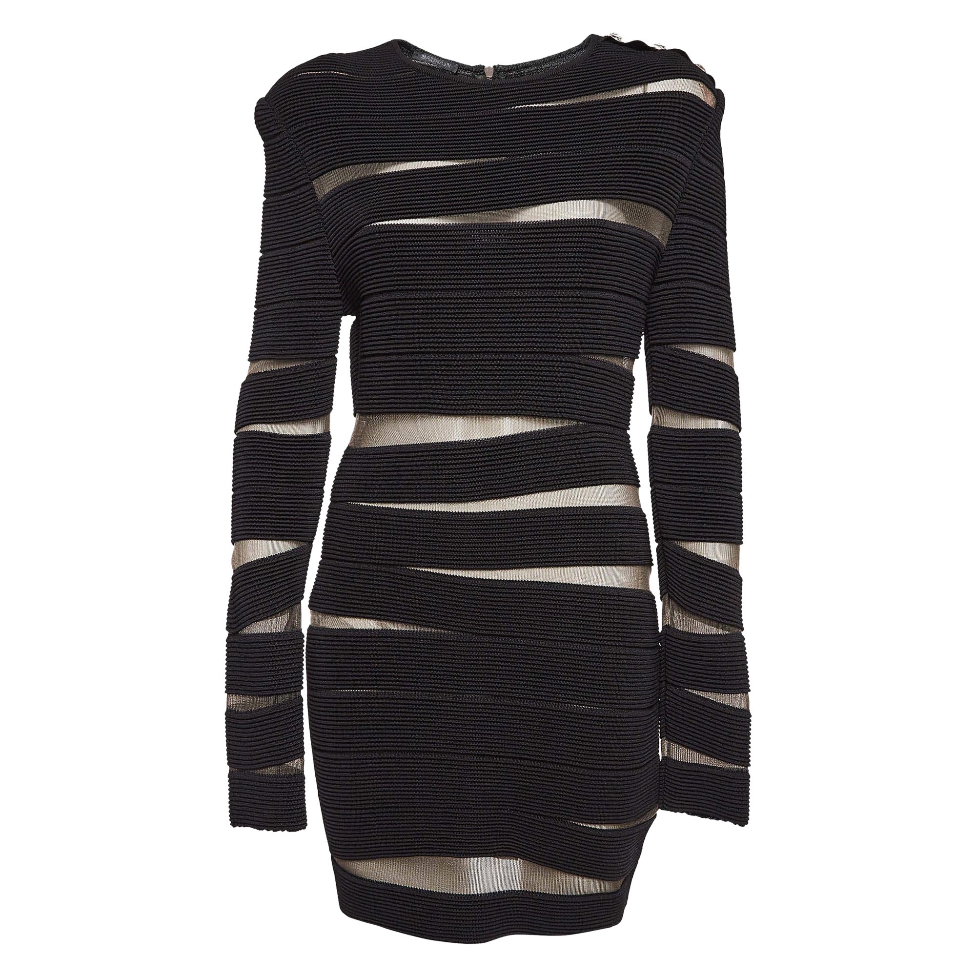Mini abito Balmain nero a maniche lunghe in maglia aperta L.L.A.