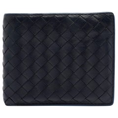 Bottega Veneta Black/Blue Intrecciato Leather Bifold Compact Wallet