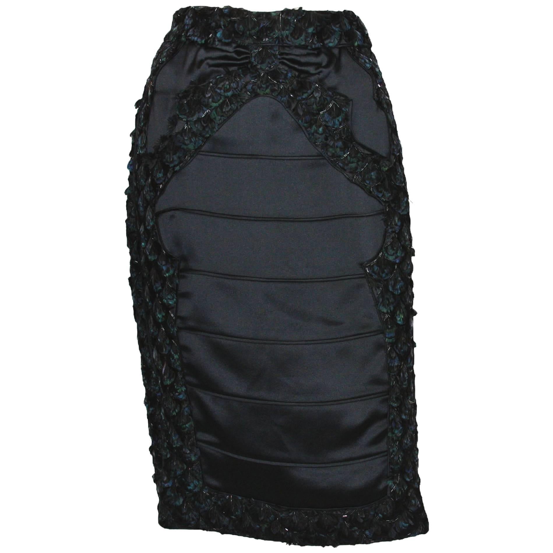 New Tom Ford for Yves Saint Laurent F/W 2004 Beaded Feather Embellished Skirt 38