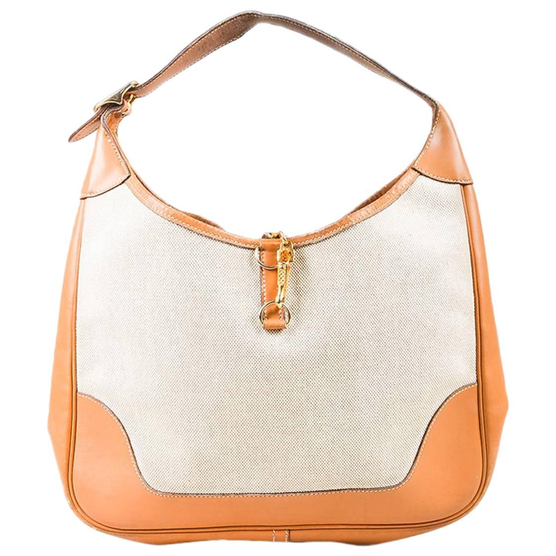 VINTAGE Hermes Beige Tan Box Calf Leather Canvas Gold Hardware "Trim 31" Bag For Sale