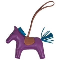 Hermes NIB Anemone Purple Bleu Izmir Milo Leather "Grigri Rodeo GM" Horse Charm 9