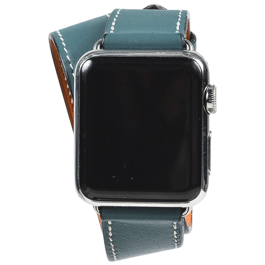 Hermes Blue Stainless Steel Leather Double Tour Apple Watch For Sale