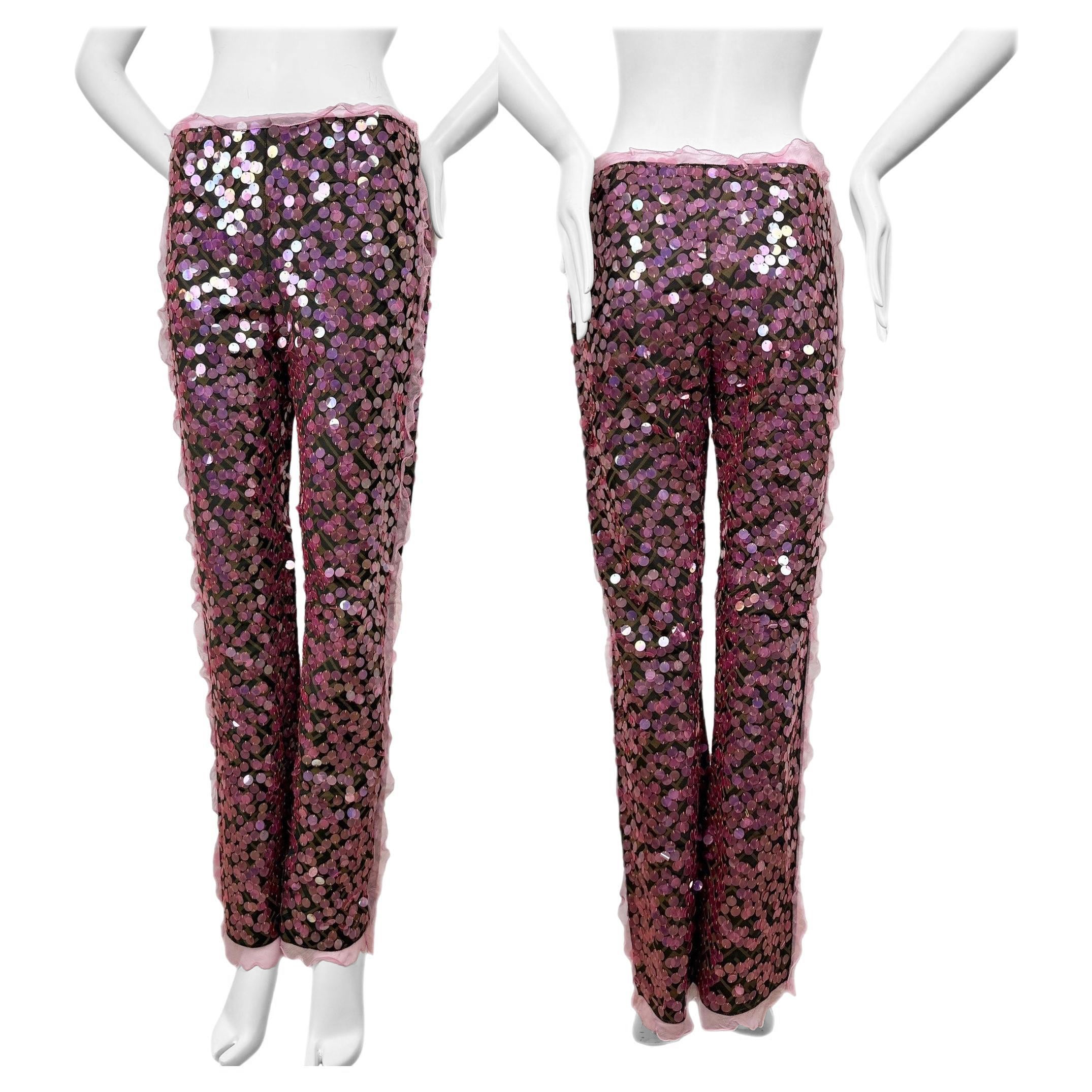 FENDI 2000 IT42 Vintage Pink Sequin + Ruffle Pants For Sale