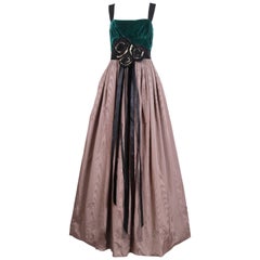 Marc Jacobs Evening Gown W/Green Velvet Bodice, Taffeta Skirt & Rosette Sash