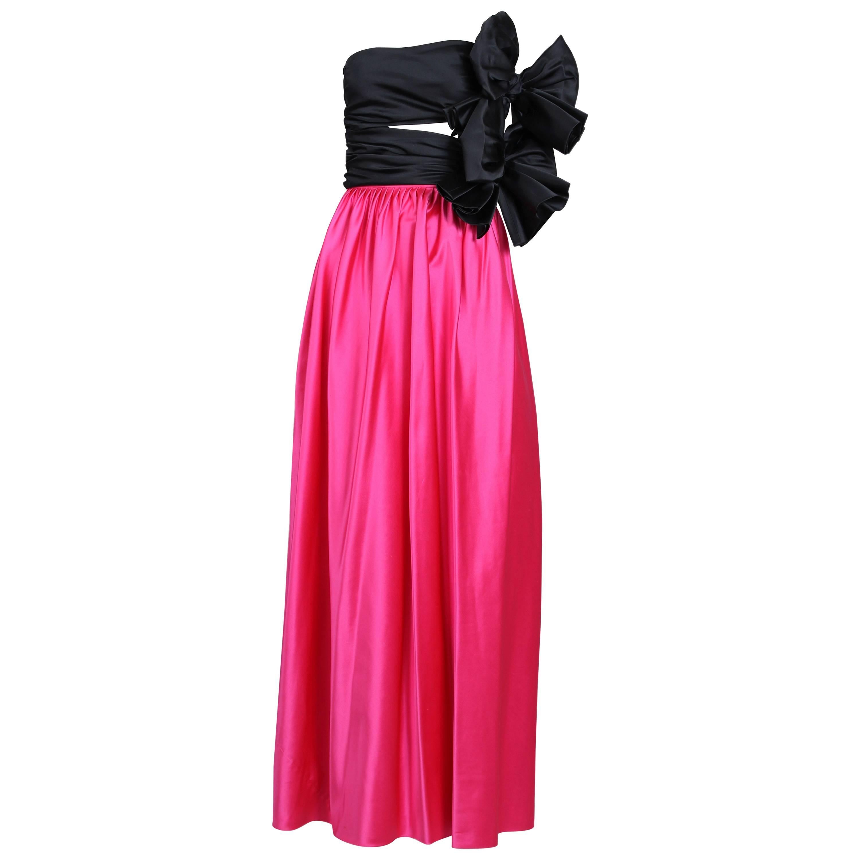 1979 Lanvin Haute Couture Pink & Black Satin Strapless Evening Gown No. 90724