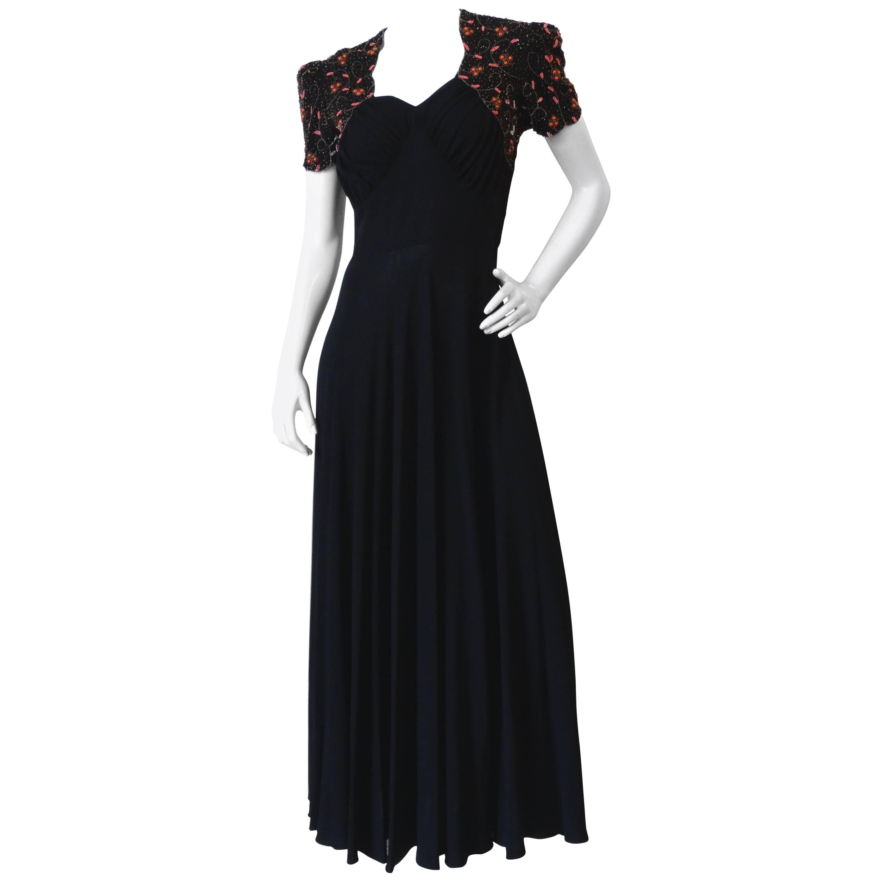 1940s Black Glads Beaded Gown 