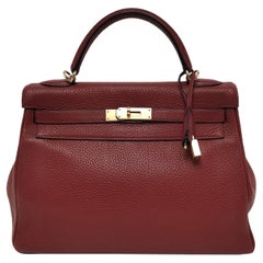 Hermes Kelly 32 Retourne Rouge H Burgundy Clemence Leather Double Ring Gold HW 2