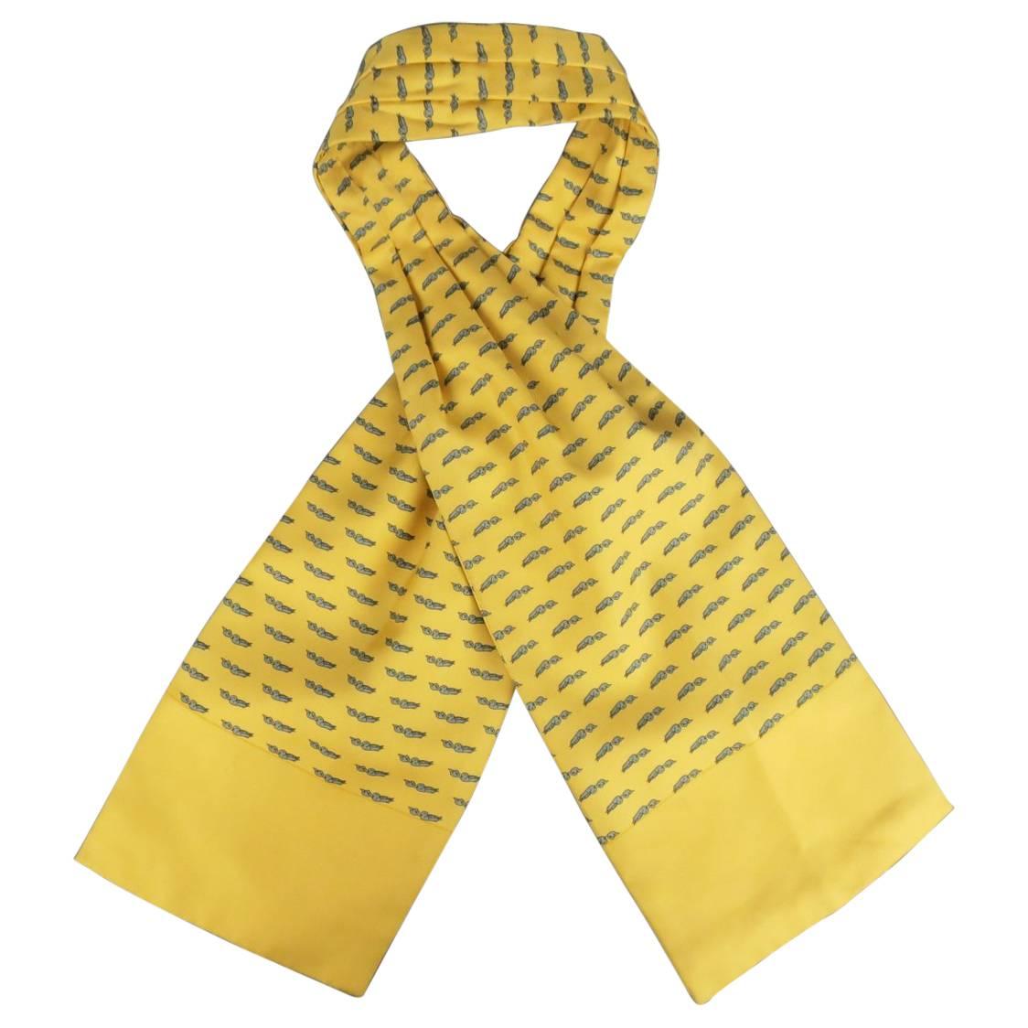 Vintage HERMES Yellow Gold & Gray Bird Print Silk Ascot