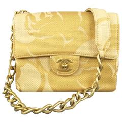 CHANEL Metallic Gold & Beige Floral Straw Chain Strap Handbag