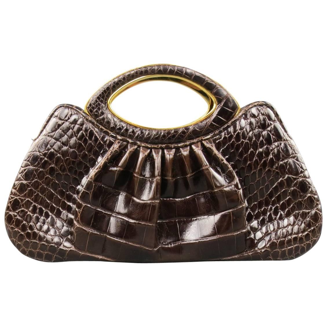 vintage 1960s alligator handbag Saks Fifth Avenue dark brown box bag frame  purse