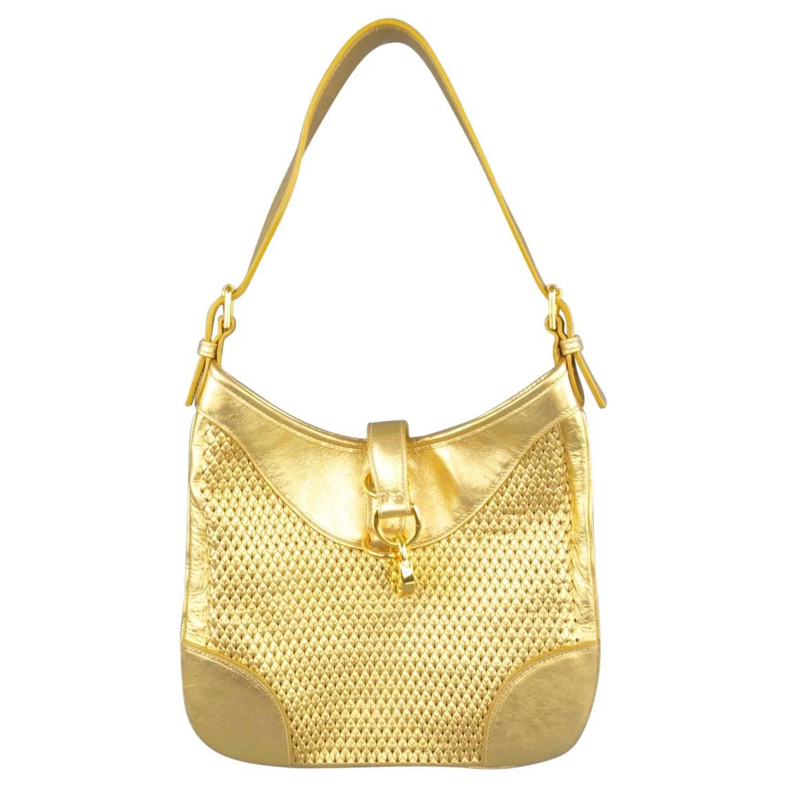 RALPH LAUREN Collection Metallic Gold Woven Leather Lock Shoulder Handbag