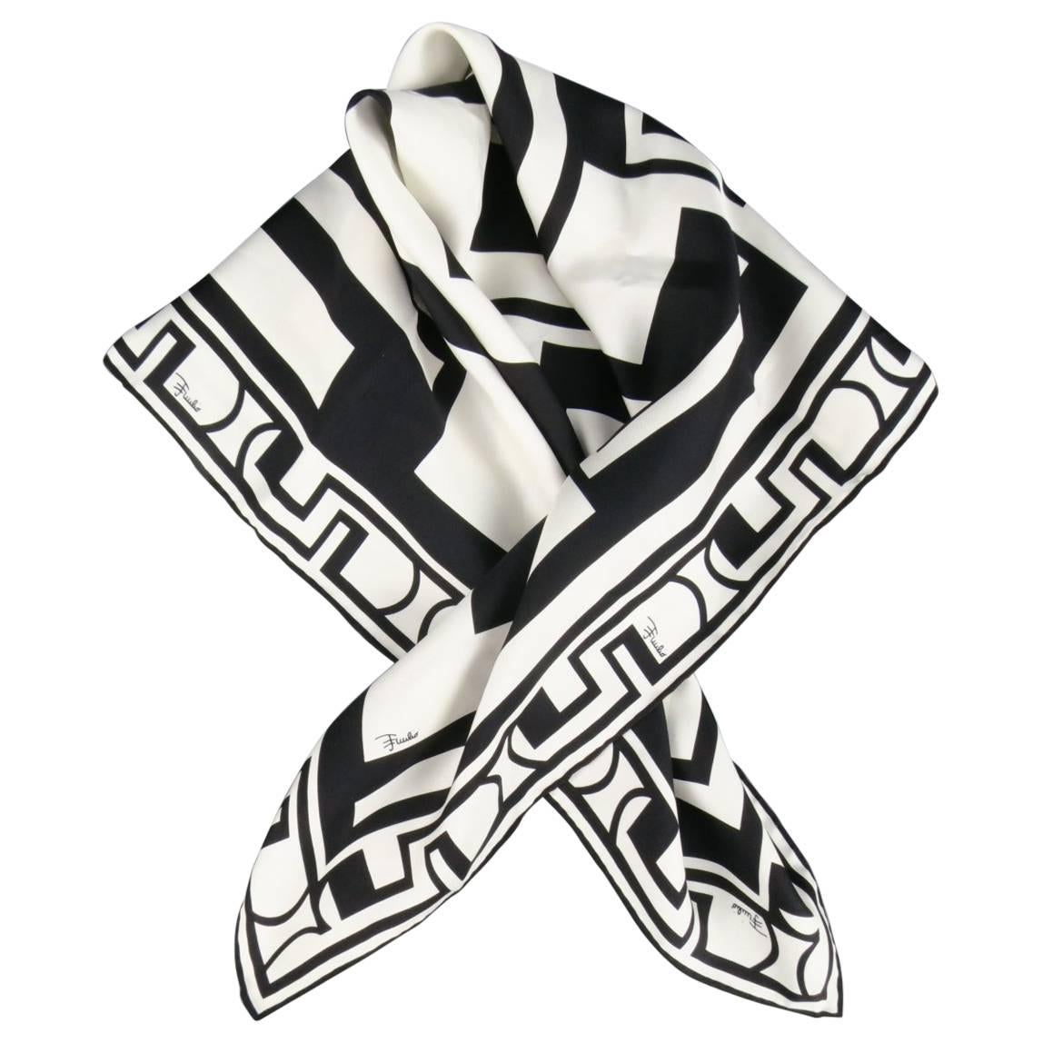 EMILIO PUCCI Black & White Geometric Print Silk Scarf