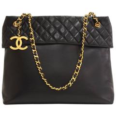 Vintage Chanel Jumbo XLarge Black Leather Tote Shoulder Bag