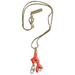 OSCAR DE LA RENTA Gold Metal Rhinestone Coral Pendant Necklace