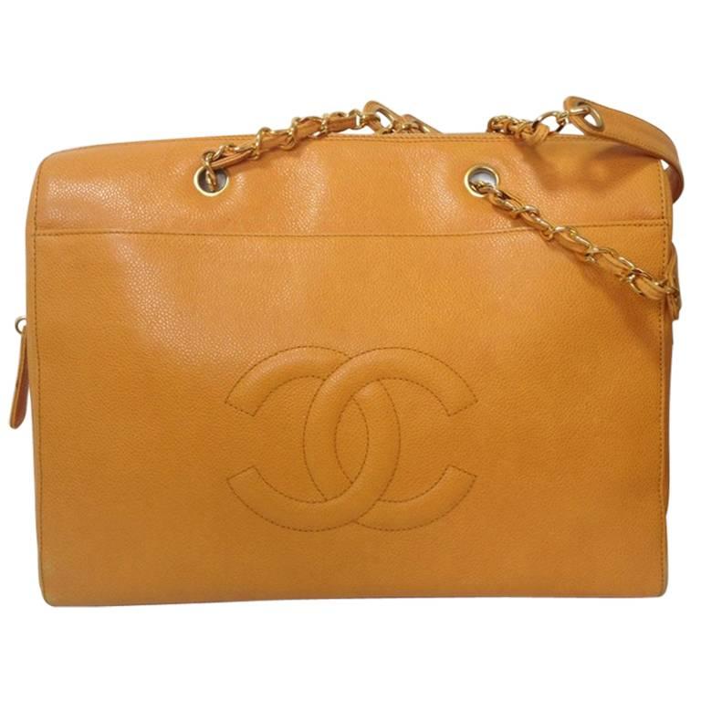 Vintage CHANEL orange yellow caviar leather chain shoulder large tote bag.