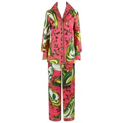EMILIO PUCCI c.1970 Multicolor Floral Op Art Print Chaqueta Pantalón Traje Conjunto