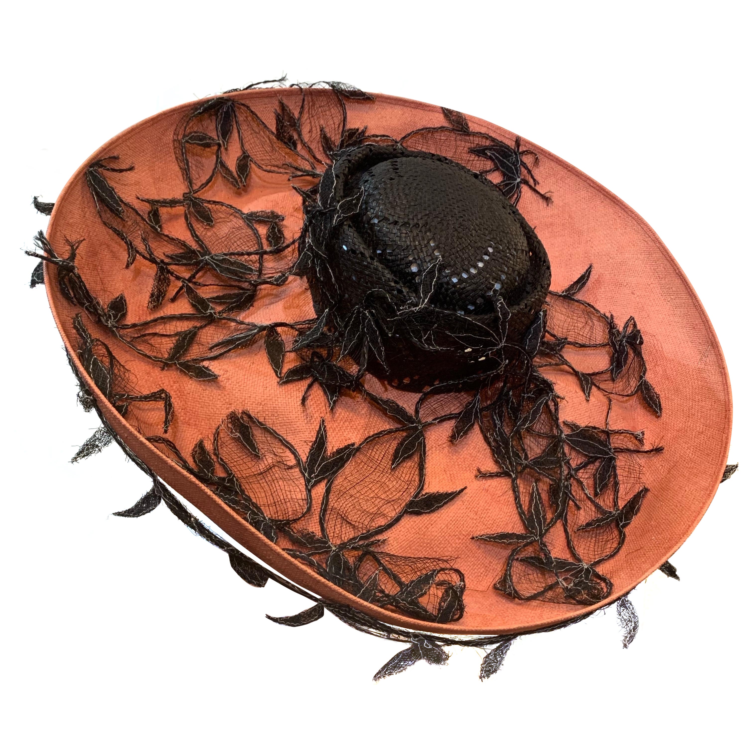 1980s Philippe Model Cartwheel Hat w Black Crown Terra Cotta Brim w Black Vines