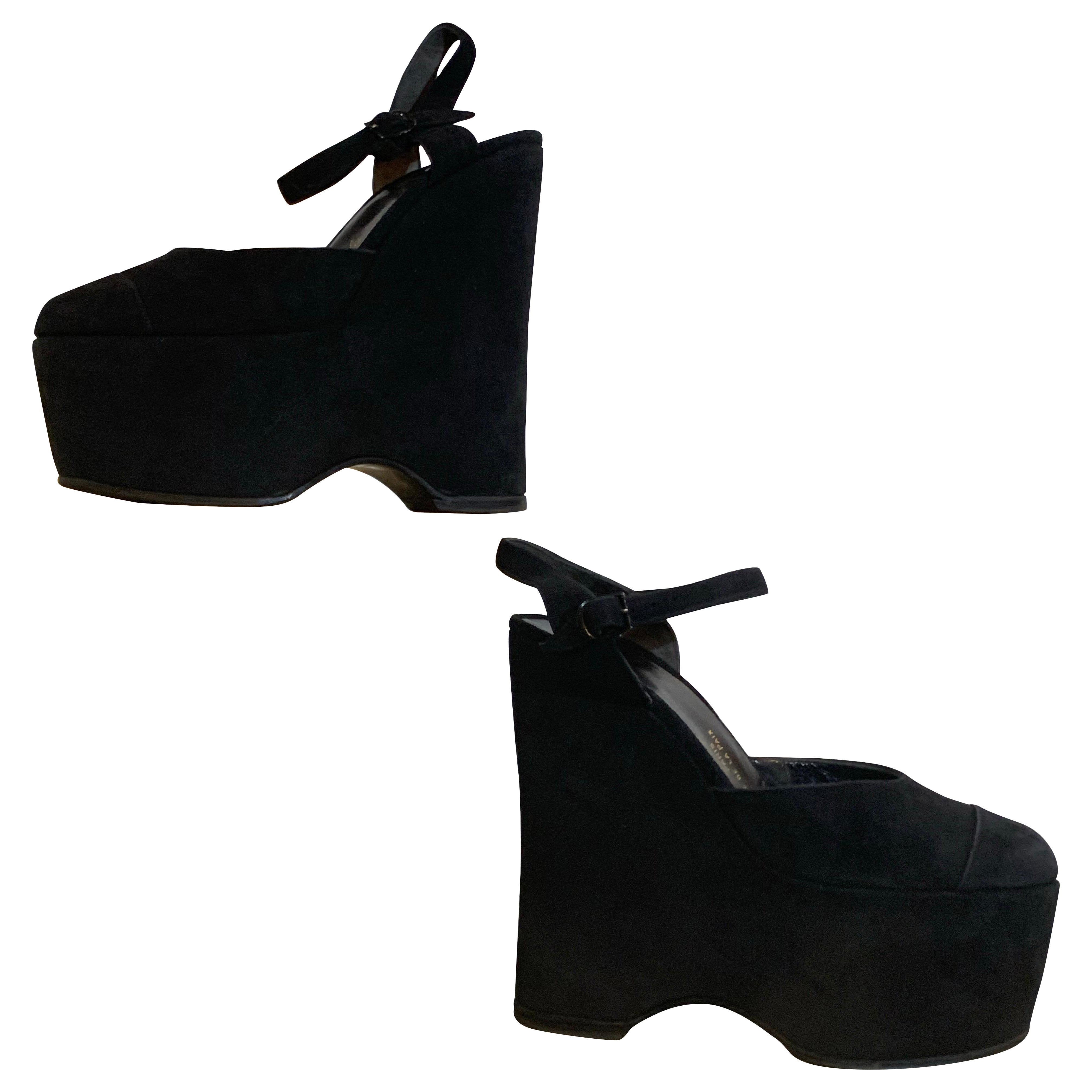 2000s Massaro - Paris Black Suede Wedge-Heel Platform w Ankle Straps For Sale