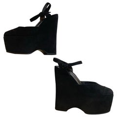 2000s Massaro - Paris Black Suede Wedge-Heel Platform w Ankle Straps