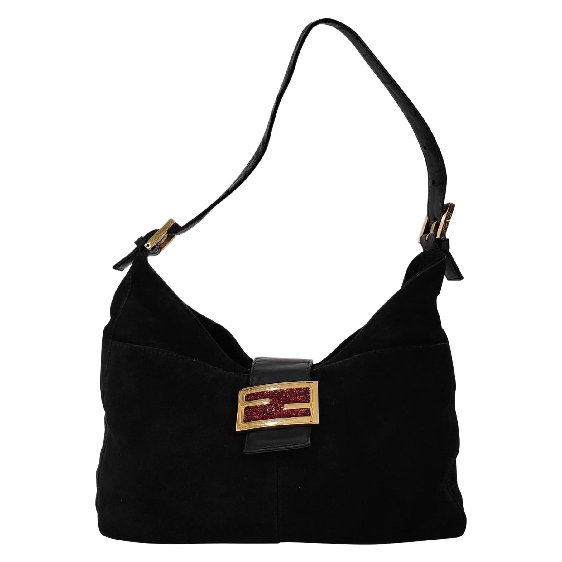 Fendi Mamma Baguette Forever Black Suede Leather Red Buckle For Sale