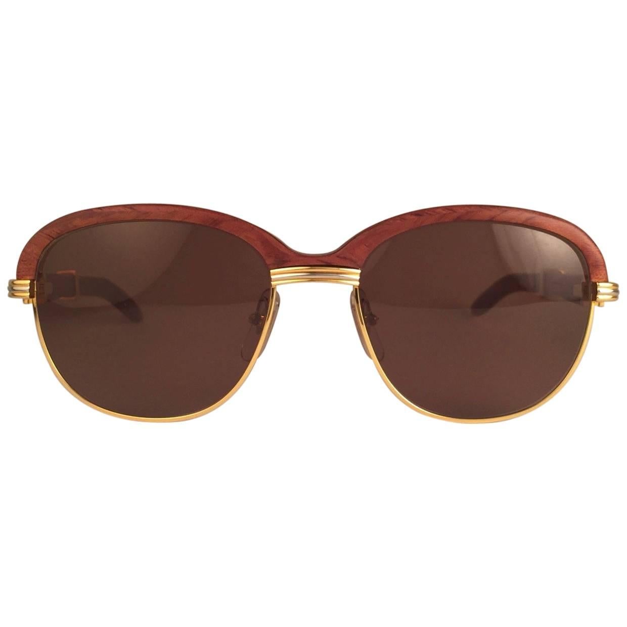 Nouveau Lunettes de soleil Cartier Malmaison Bois Précieux Palissandre et Or 54mm