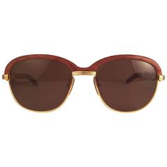 Vintage New Cartier Wood Malmaison Precious Wood Palisander and Gold 54mm Sunglasses 
