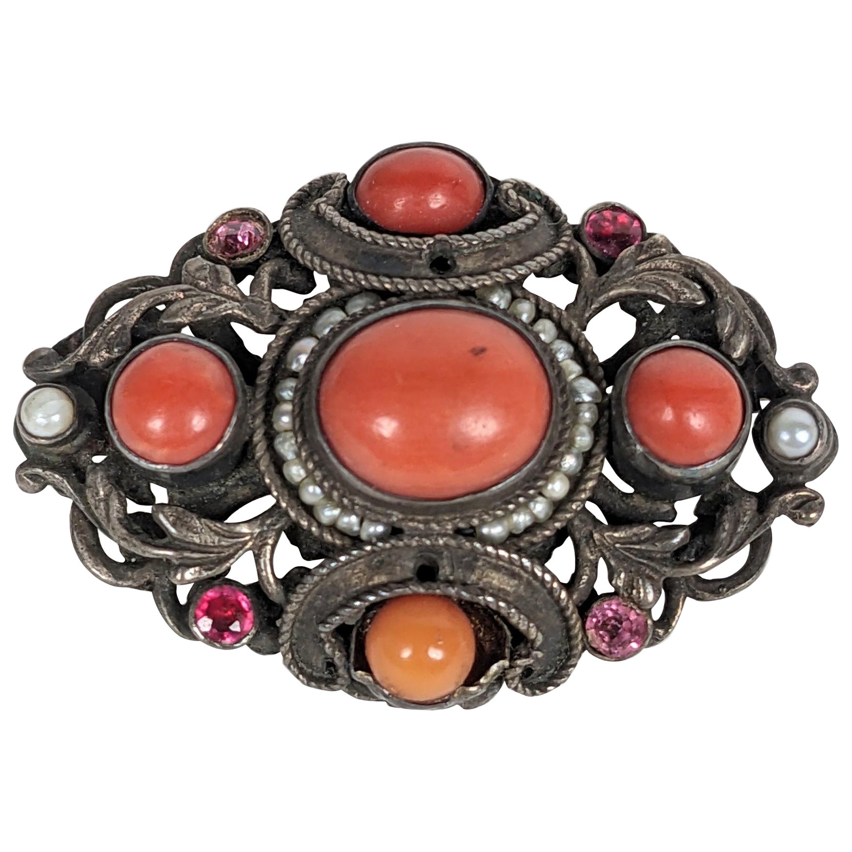 Hungarian Coral and Seed Pearl Silver Brooch