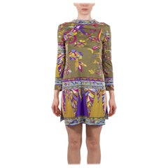 1960S Pucci Verde oliva y púrpura Jersey de seda Mod Manga Mini Vestido Tal cual