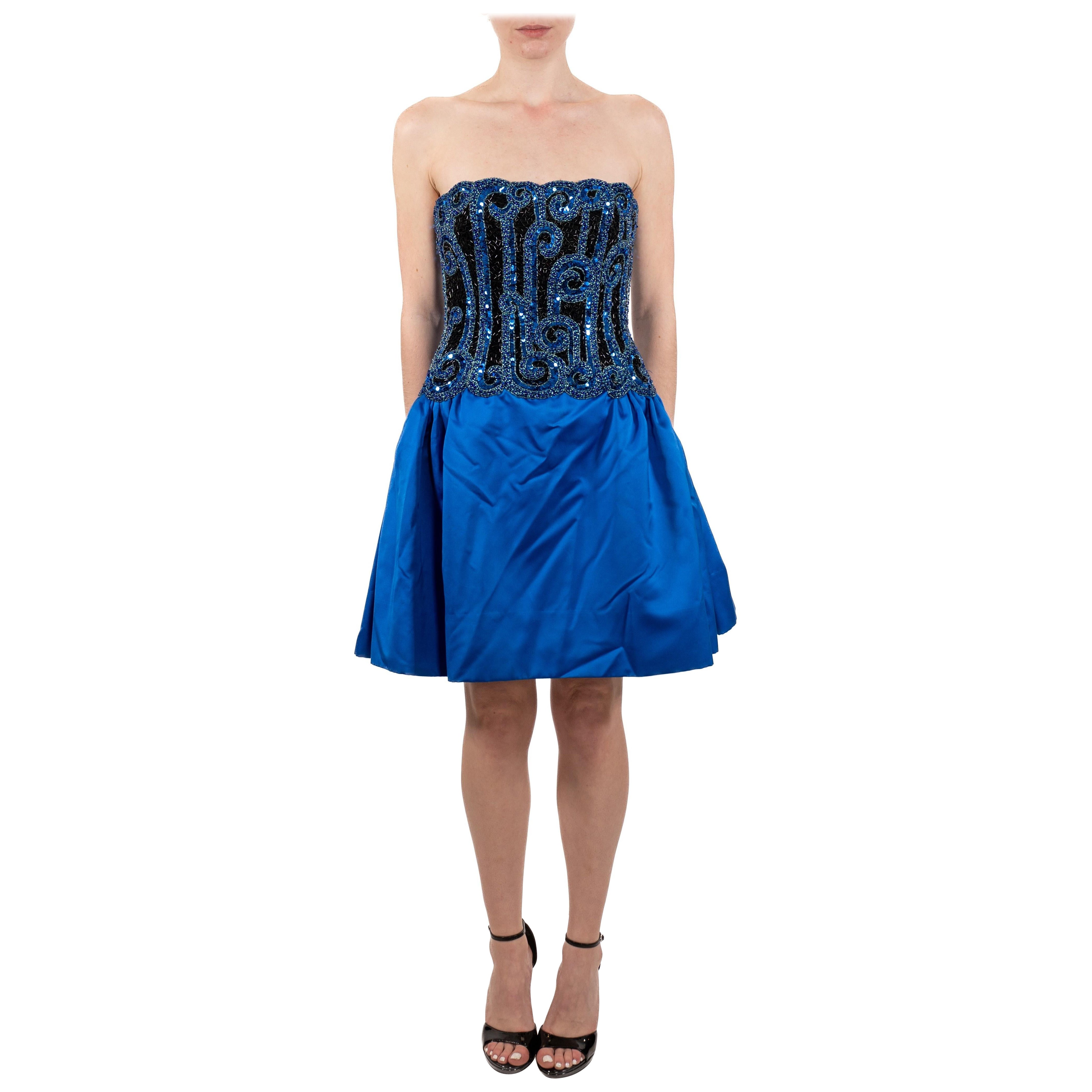 1980S Bob Mackie Electric Blue  Strapless Silk Duchess Satin Beaded Mini Cockta For Sale