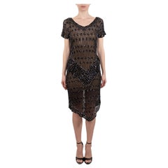 1980S Vestido de cóctel negro de gasa de seda con cuentas estilo Flapper 1920S