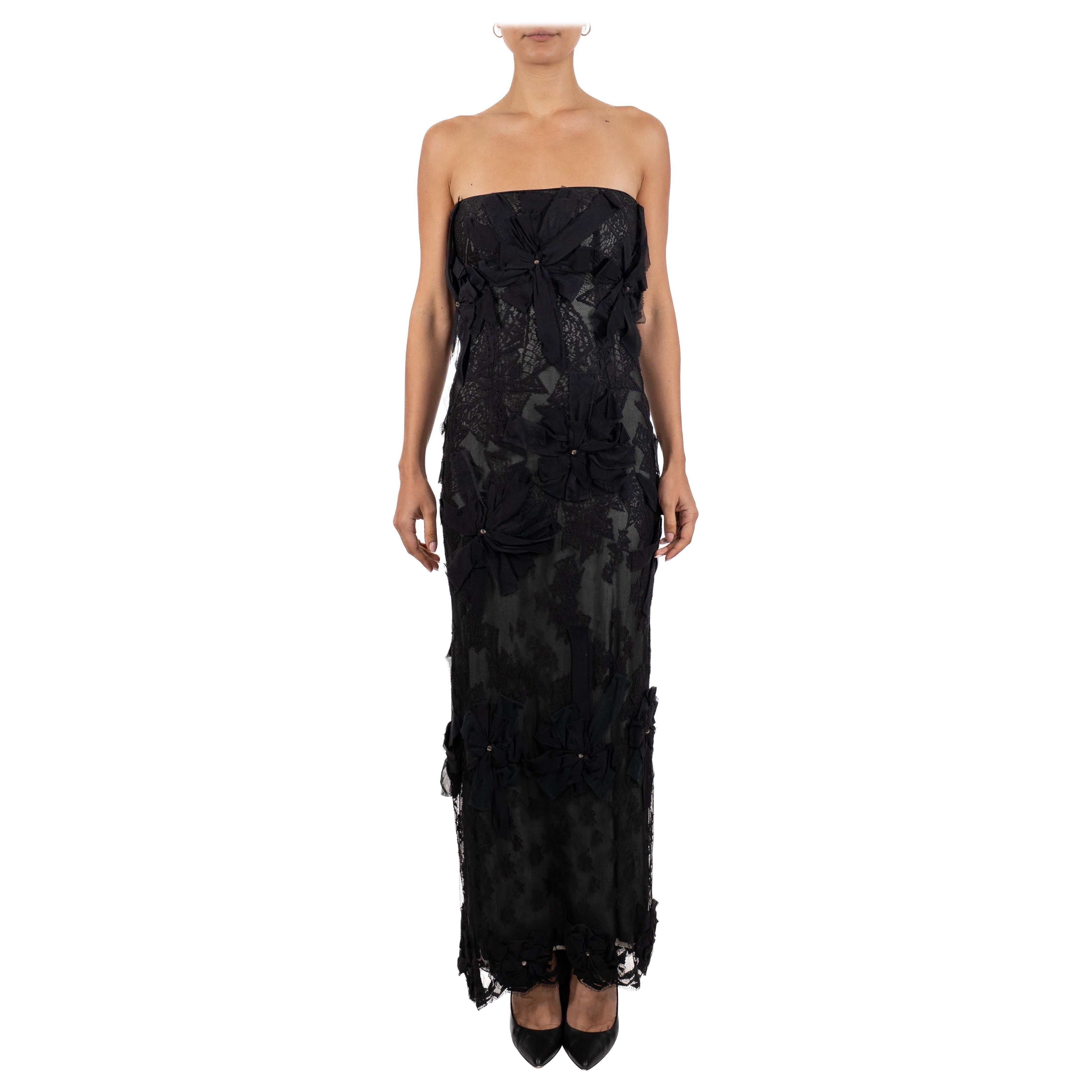 1990S Black Silk Lace Strapless Gown With Bow For Sale